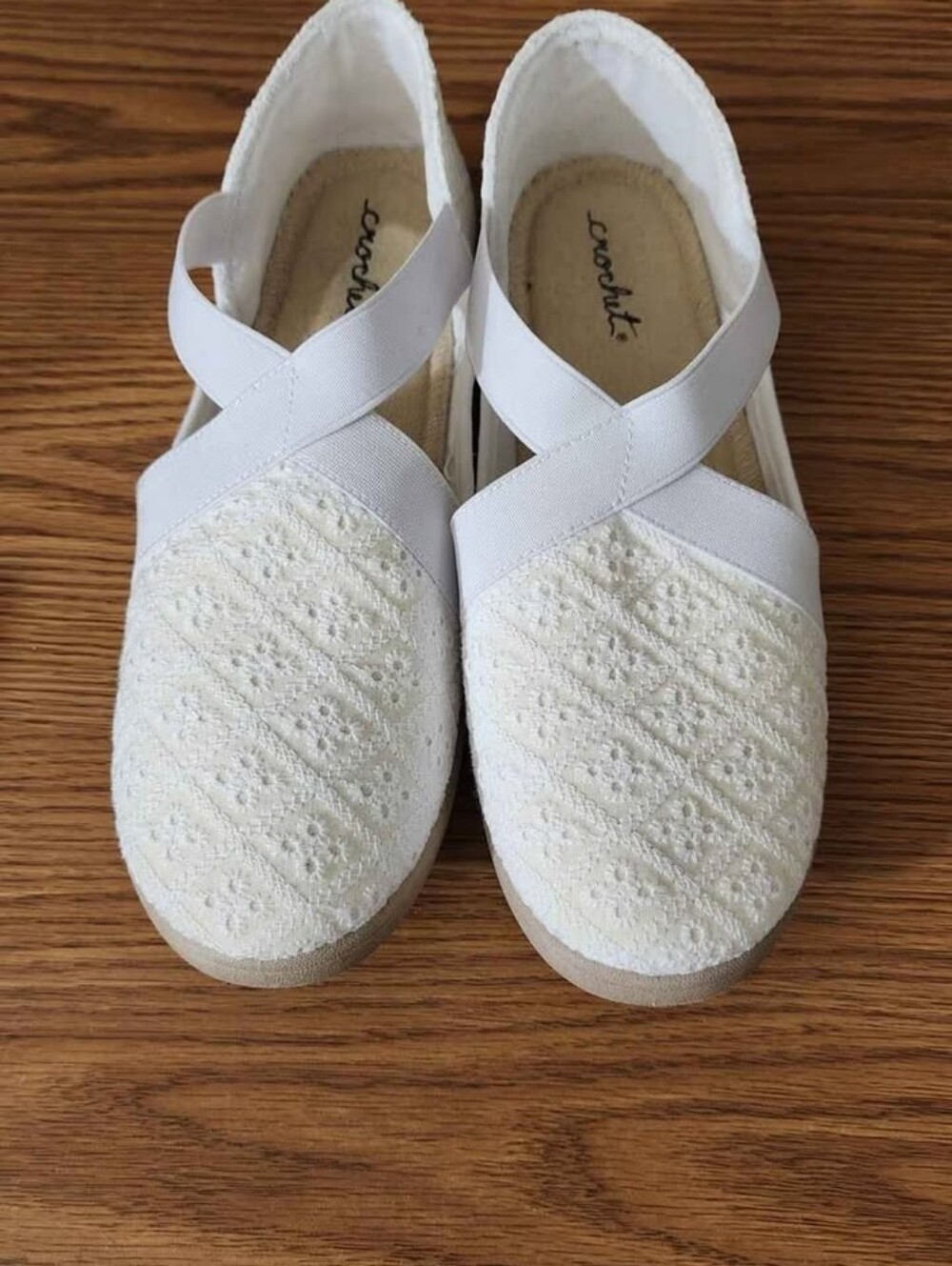 Crochet White Crochet Slip-On Flats with Cross Strap